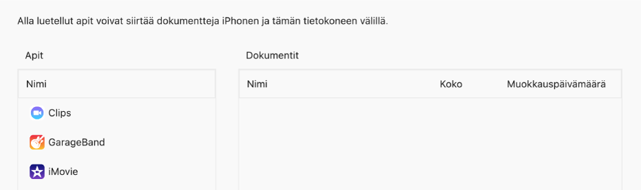 Tiedostot-ikkunassa näkyvät apit, jotka voidaan synkronoida laitteeseen.