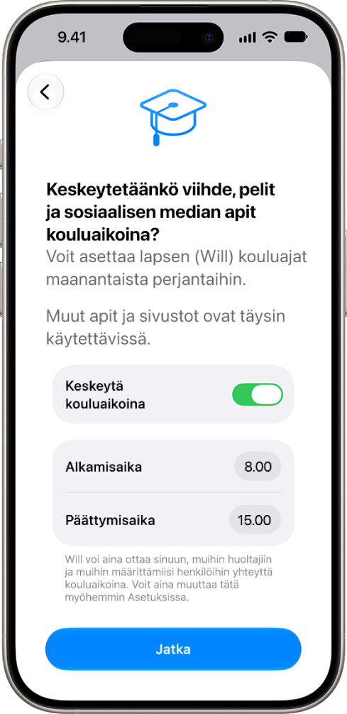 Käyttörajoitusten käyttöönottonäytössä näkyvät tunnit, jolloin laitteen käyttö on keskeytetty koulupäivän aikana.
