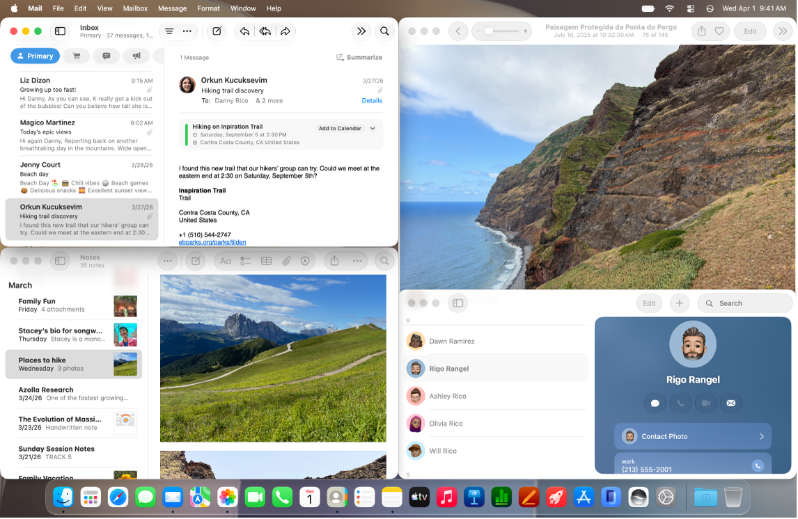 A Mac desktop showing three tiled windows: one on the left side, one in the top-right corner, and one in the bottom-right corner.