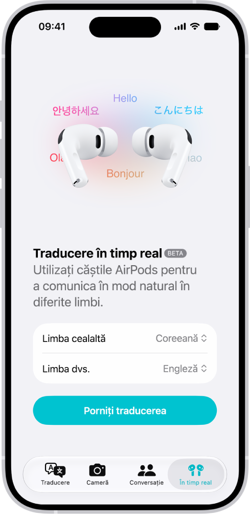 Aplicația Traducere de pe iPhone afișând ecranul „Traducere în timp real”. Ecranul prezintă două meniuri pop-up pentru alegerea limbii vorbite de cealaltă persoană și a limbii dvs. și un buton pentru a începe traducerea în timp real.