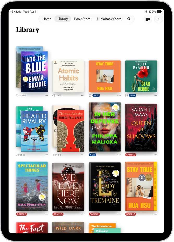 L’écran Bibliothèque dans l’app Livres.