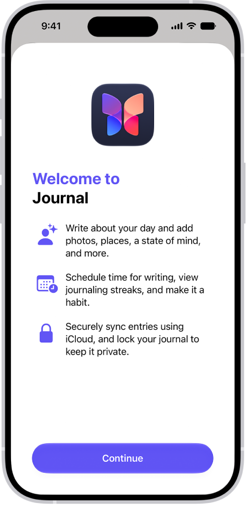 The welcome screen for the Journal app.