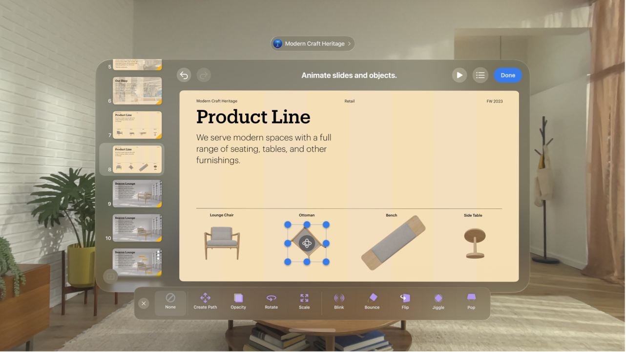 The Keynote app on Apple&nbsp;Vision&nbsp;Pro, showing the animation options for an object on a slide.