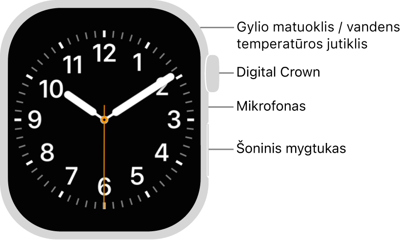 „Apple Watch Series 12“ priekis, ekrane rodomas ciferblatas, taip pat matyti „Digital Crown“, mikrofonas ir laikrodžio šone nuo viršaus iki apačios išdėstytas šoninis mygtukas.