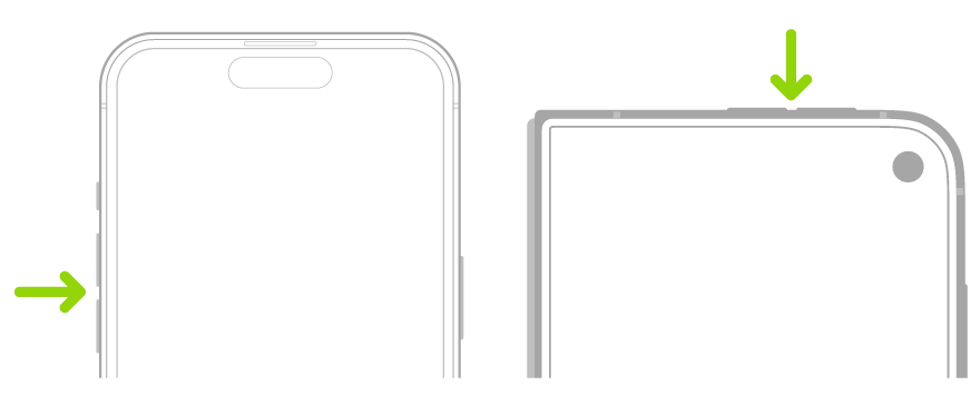 The upper portion of the front of iPhone with the volume up and volume down buttons on the upper left, and upper portion of closed iPhone Duo with the volume up and volume down buttons on the top.