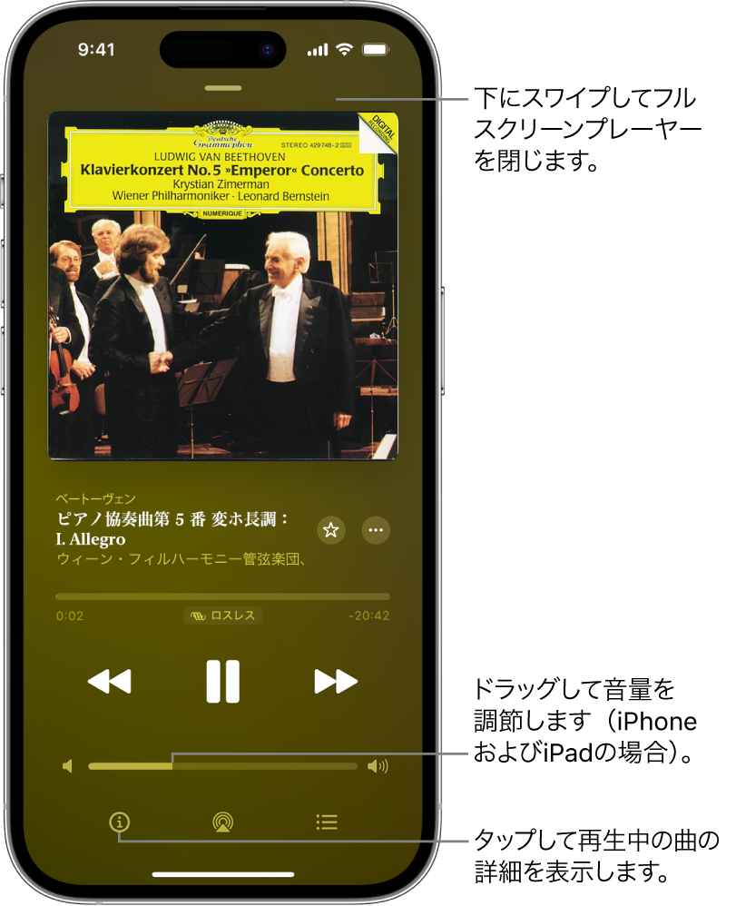 iPhoneの「クラシック」で「再生中」画面が表示されています。画面上部には灰色のバーがあり、タップすると「再生中」画面を非表示にしてミニプレーヤーに戻ることができます。バーの下には、アルバムアートと作品名に加えて、トラックの長さと経過時間が表示されたタイムラインがあります。画面下部には、「逆方向にスキップ」、「一時停止」、「順方向にスキップ」ボタン、音量コントロール、「情報」、「AirPlay」、「次に再生」ボタンがあります。