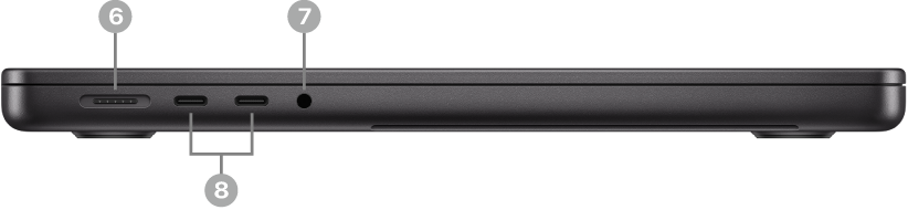 MagSafe&nbsp;3 포트, 두 개의 Thunderbolt(USB-C) 포트 및 3.5mm 오디오 잭이 표시된 MacBook&nbsp;Pro의 왼쪽 부분.