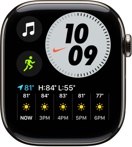 The Nike Compact watch face showing the day and date at the top left, the time at the top right, the Workout complication at the middle left, and the Timers complication.
