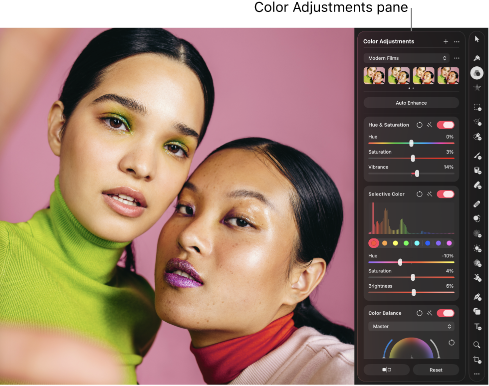A photo in the canvas, with the Color Adjustments pane open showing controls for modifying various parameters of color and exposure.
