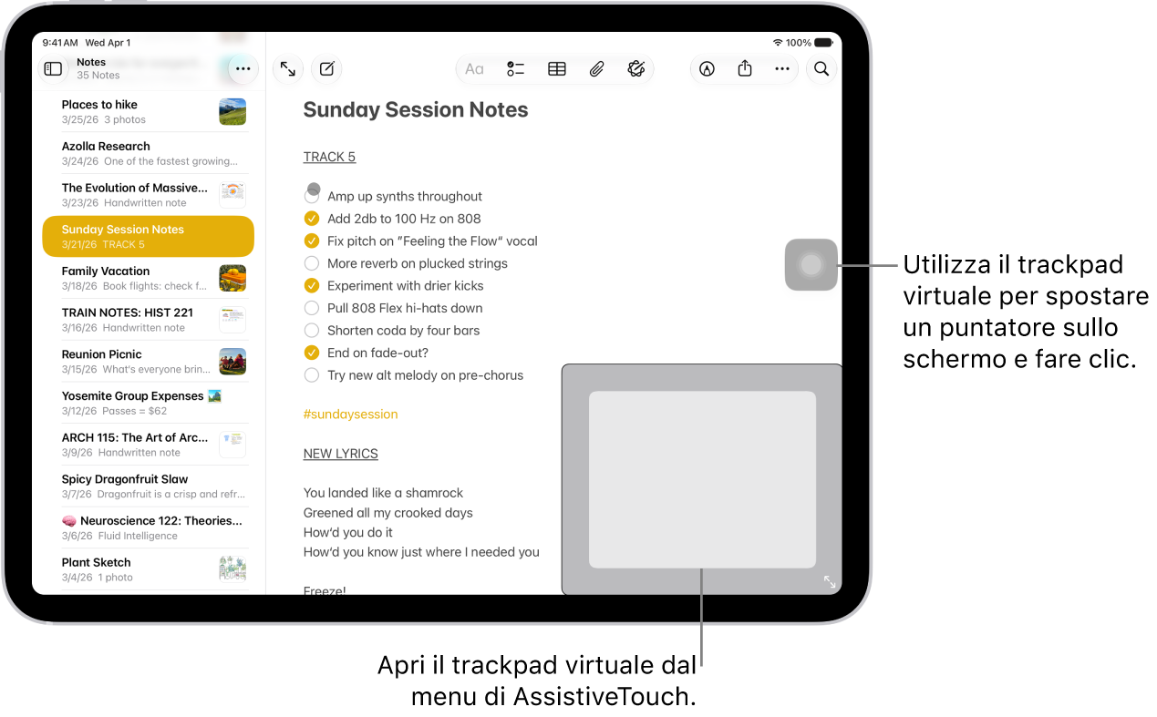Un iPad con un trackpad virtuale nell'angolo dello schermo. Sullo schermo sono inoltre presenti il menu di AssistiveTouch, che viene usato per aprire il trackpad, e il puntatore, che viene controllato tramite il trackpad.