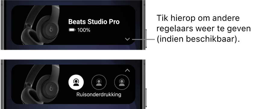 In de eerste afbeelding is de Beats-appwidget te zien met een verbonden Beats&nbsp;Studio&nbsp;Pro-koptelefoon en een knop om andere regelaars weer te geven. In de tweede afbeelding zijn de regelaars voor ruisonderdrukking in de widget te zien.