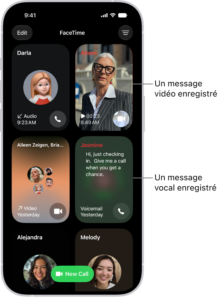 L’historique des appels de FaceTime, affichant un contact suggéré, un message vidéo enregistré, un message vocal et un appel vidéo FaceTime de groupe.