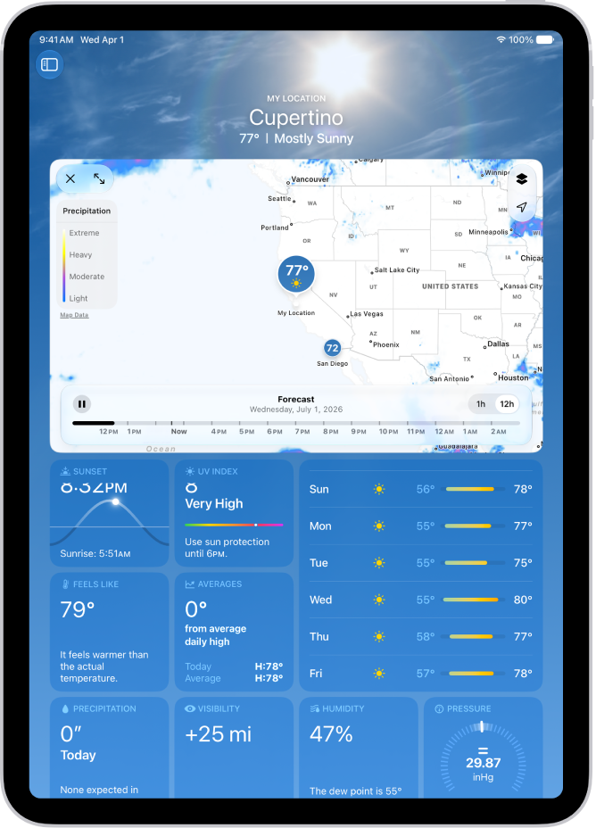 A wind map of the ocean fills the iPad screen. The Toggle Full Screen Map button and the Wind Map Overlay Scale are in the top-left corner. In the top-right corner, from top to bottom, are the Overlay Menu, Current Location, and Favorite Locations buttons. Along the bottom is a timeline.