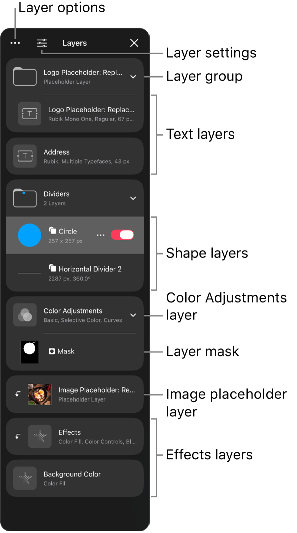 The Pixelmator Pro Layers sidebar on iPad.
