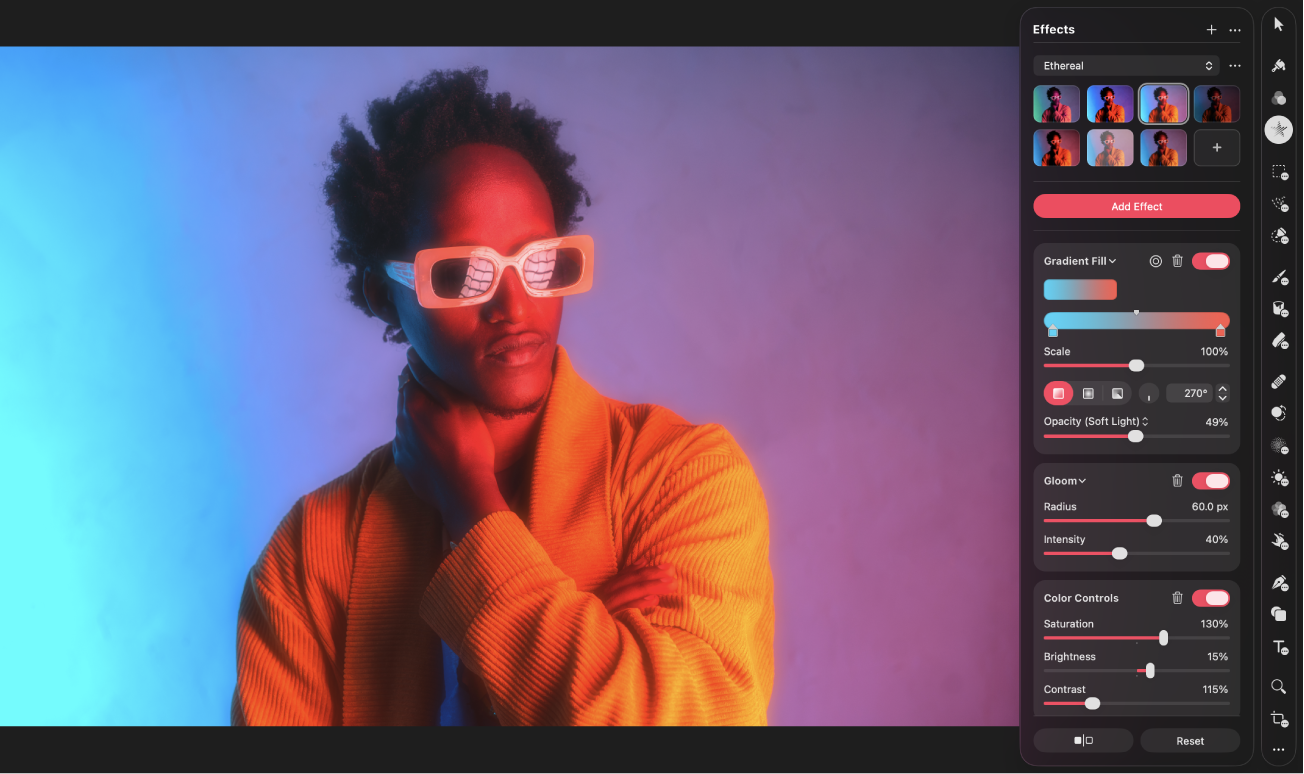 A photo with an Effects preset applied and the Effects pane.