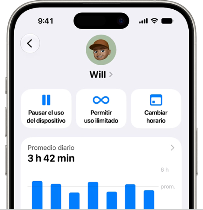 Configuración de Tiempo en pantalla de un menor que muestra acciones rápidas para pausar el uso del dispositivo, permitir su uso ilimitado o cambiar su horario de Tiempo en pantalla.
