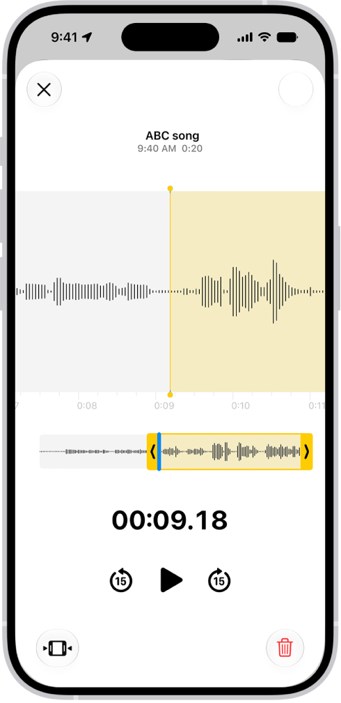 A recording being edited, with the yellow trim handles enclosing a portion of the audio waveform at the bottom of the screen. A Play button and a recording timer appear below the waveform. The trim handles are below the Play button. On either side of the Play button are the Trim button (for deleting the part of the recording outside the handles) and the Delete button (for deleting the part of the recording inside the handles).