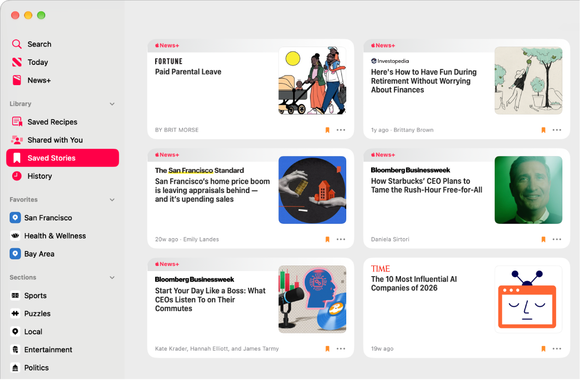 The Apple News window showing Saved Stories selected in the sidebar and a grid of saved stories on the right.