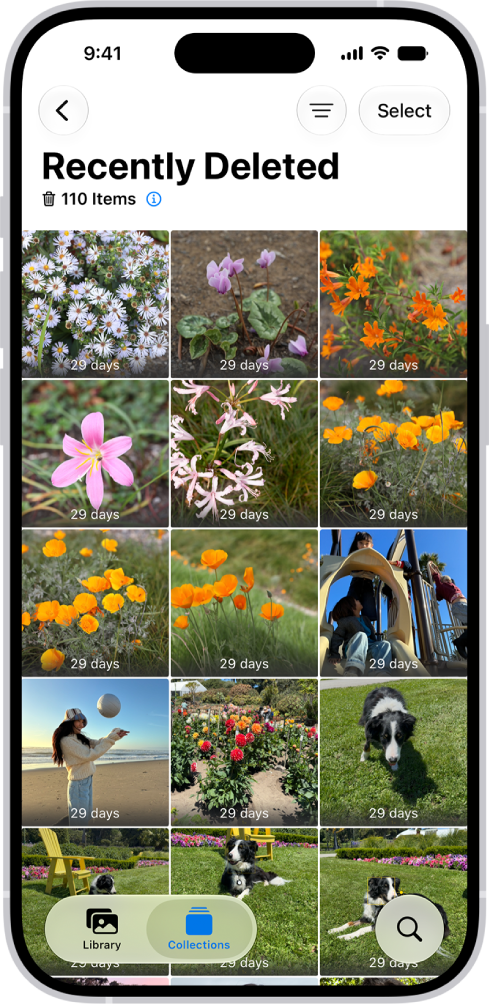 The Recently Deleted folder in the Photos app. Recently deleted photos appear in a grid on the screen.