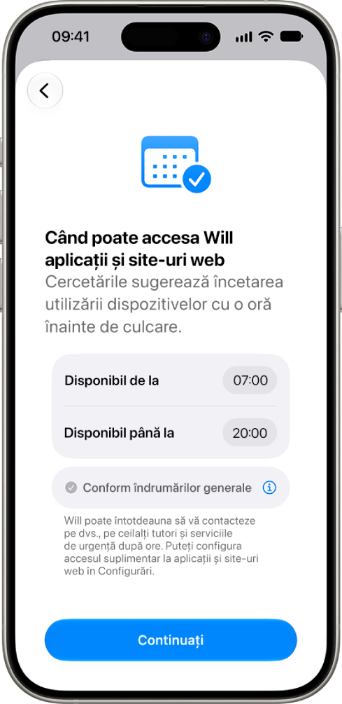Ecranul de configurare a controalelor parentale afișând orele în care un copil își poate accesa dispozitivul.