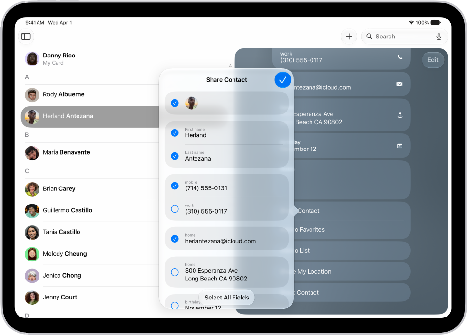 The Share Contact window in the Contacts app.