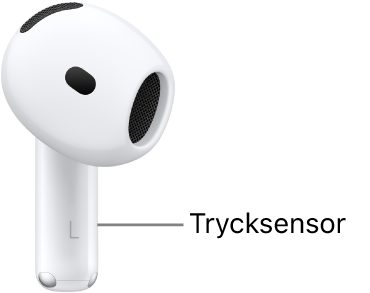 Trycksensorns placering på AirPods 5 längs armen på vardera AirPod.