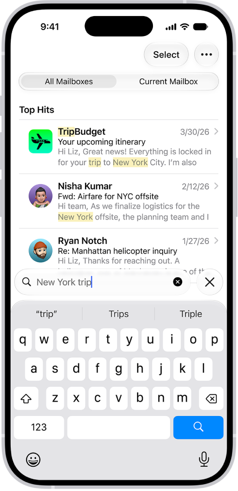 Search results in the Mail app.