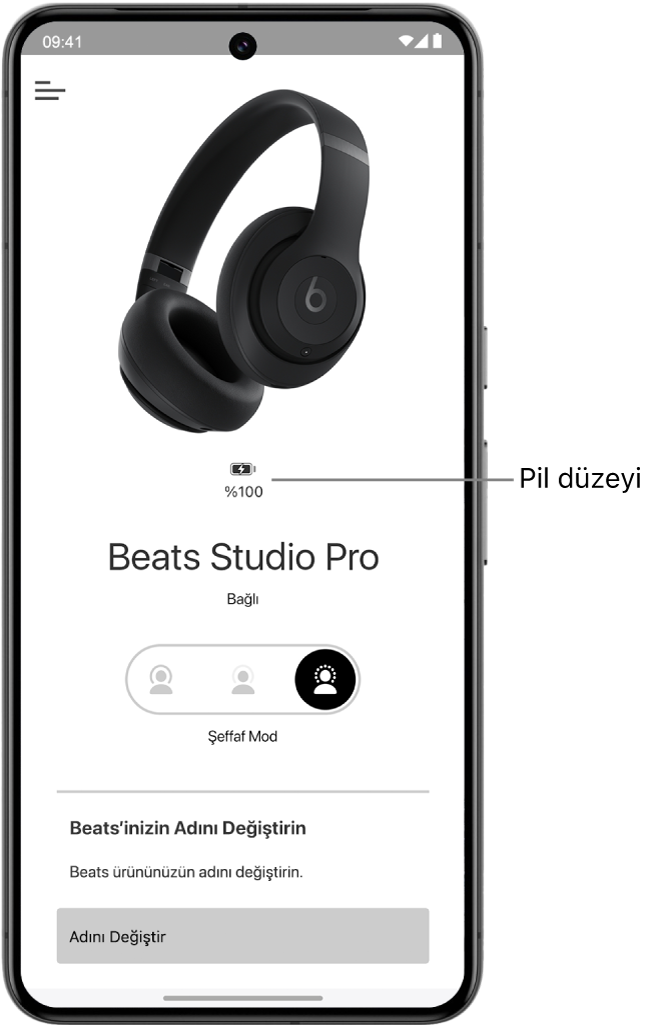 Beats uygulamasının aygıt ekranı bağlı Beats&nbsp;Solo&nbsp;4 kulak üstü kulaklıklarının pil düzeyini gösteriyor.