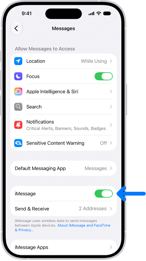 The Messages settings pane with iMessage turned on.