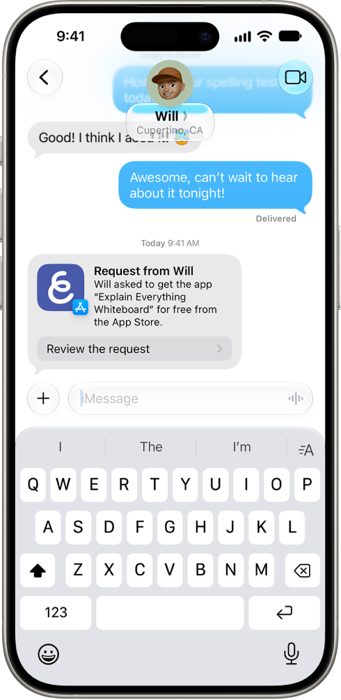 A Messages conversation between a child and parent with an Ask to Buy request to download an app from the App Store.