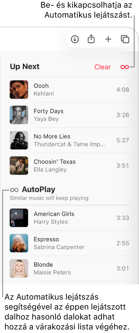 A Következők lejátszási sor az Apple Music tetején a Kiürítés és az Automatikus lejátszás gombokkal. Az automatikus lejátszás be van kapcsolva.