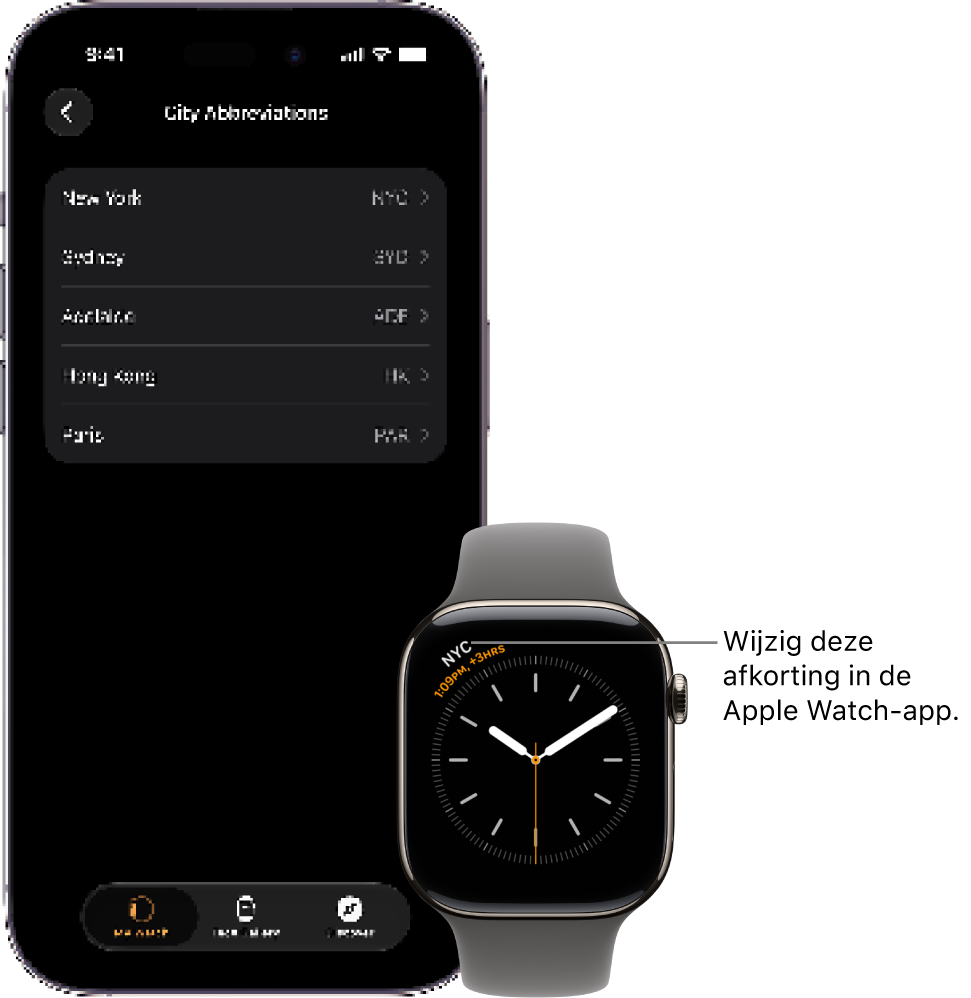Een iPhone en een Apple&nbsp;Watch naast elkaar. Op het Apple&nbsp;Watch-scherm is de tijd in New York te zien (aangeduid met de afkorting 