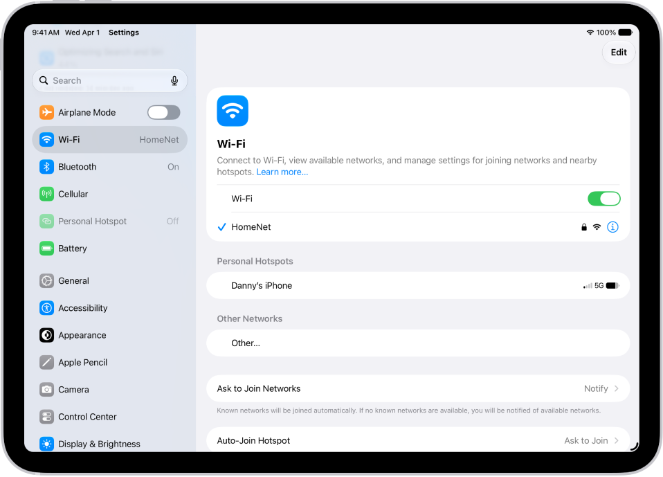 The Settings screen showing available Wi-Fi networks.