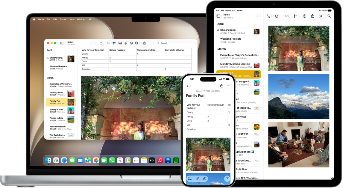Les mêmes notes s’affichent sur un Mac, un iPhone et un iPad.