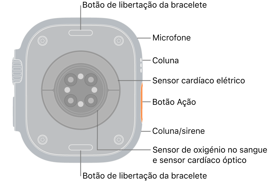 A parte traseira do Apple&nbsp;Watch Ultra 3 com os botões de libertação da bracelete na parte superior e inferior. Na parte lateral estão um microfone, uma coluna, o sensor cardíaco elétrico, o botão “Ação”, uma porta para altifalante de onde é emitida a sirene, sensores de oxigénio no sangue e sensores cardíacos óticos.