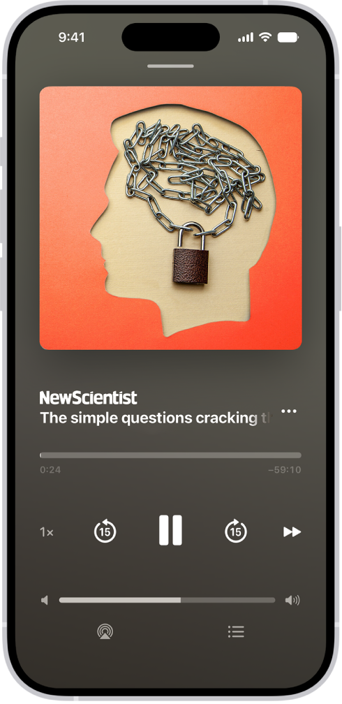 The audio player for a story in Apple News+, with playback controls and a volume slider.