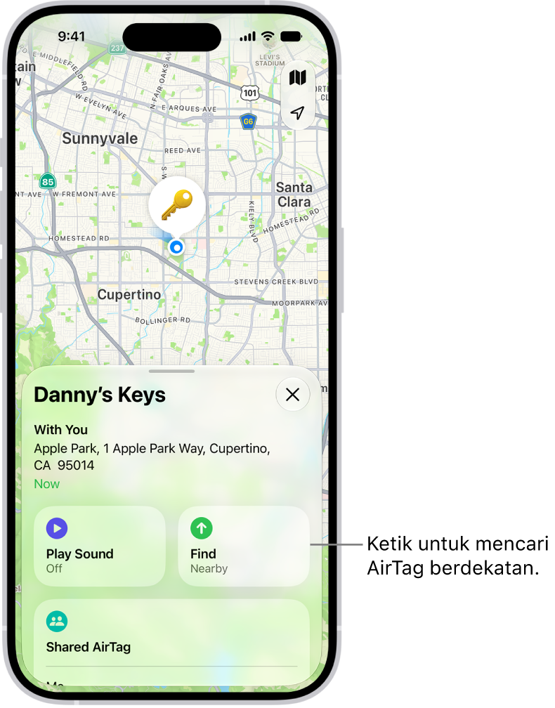 App Cari terbuka, menunjukkan kunci Danny di Taman Golden Gate. Ketik butang Cari untuk mencari AirTag berdekatan.