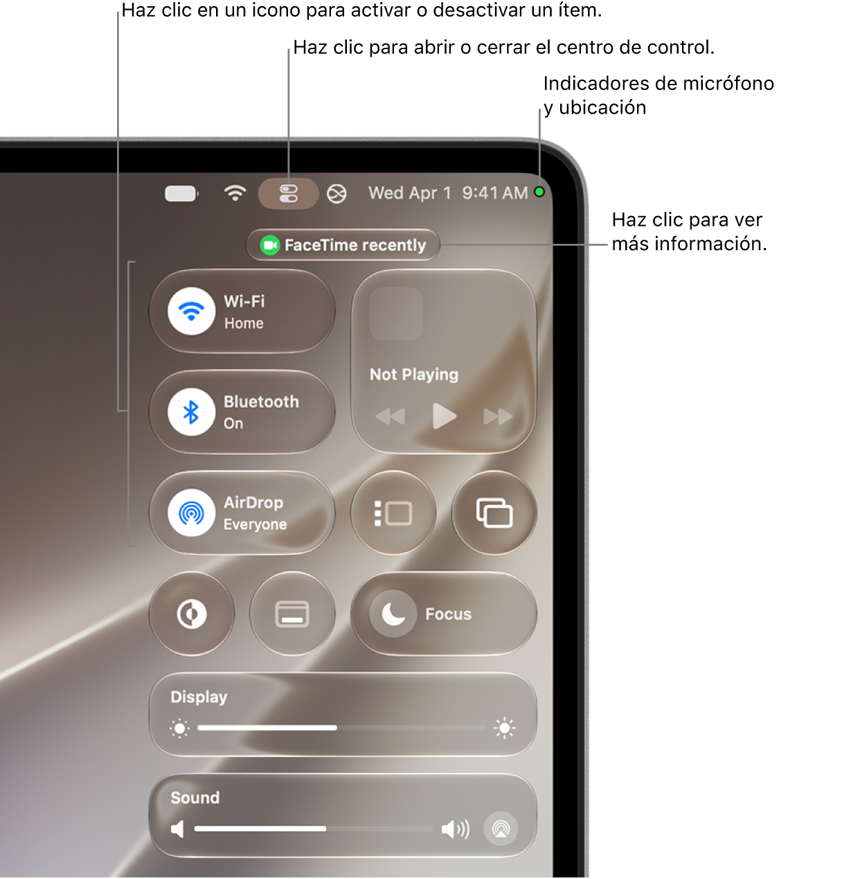 El centro de control en la parte superior derecha de la pantalla, con controles para Wi-Fi, “Modos de concentración”, Sonido y “Ahora suena”, entre otros.