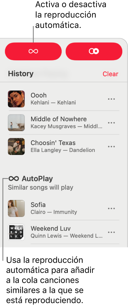 El historial está visible en la esquina superior derecha de Apple&nbsp;Music. También se muestra la sección “Reproducción automática”.