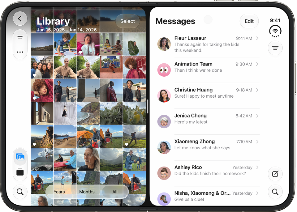 Atvertas „iPhone Duo“ ir dvi programos rodomos „Split View“ režimu&nbsp;– „Nuotraukos“ ir „Žinutės“.