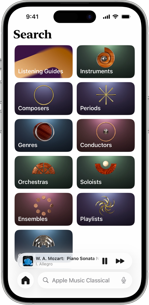 Một iPhone hiển thị tab Search, là nơi bạn có thể khám phá Catalog, Playlists và Instruments.