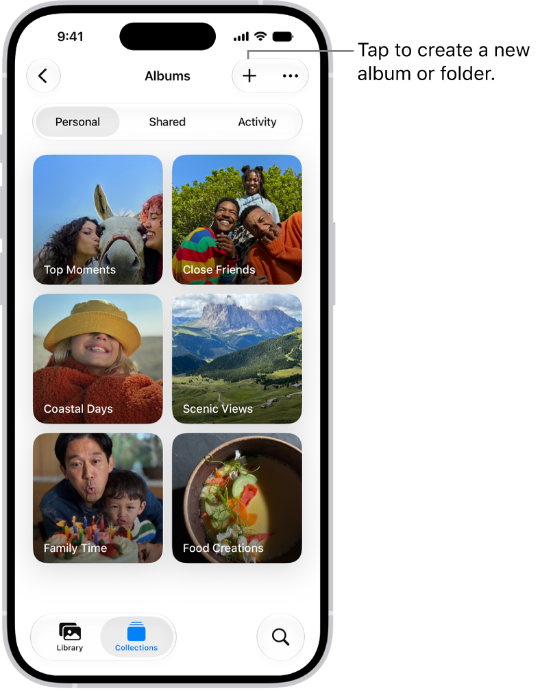 The Albums collection in the Photos app. A grid of albums is on the screen. At the top of the screen, from left to right, are the Back, New Album, and More buttons. Below that are buttons to view albums by Personal, Shared, or Activity. At the bottom of the screen, from left to right, are the Library, Collections, and Search buttons.