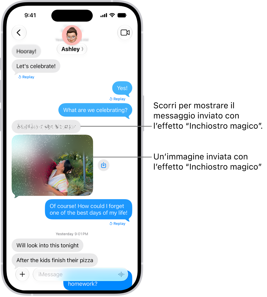 Una conversazione in Messaggi che include un messaggio di testo e una foto inviata con l’effetto “Inchiostro invisibile”.