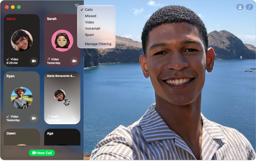 A FaceTime window showing the call history. The call filtering menu is open at the top center.