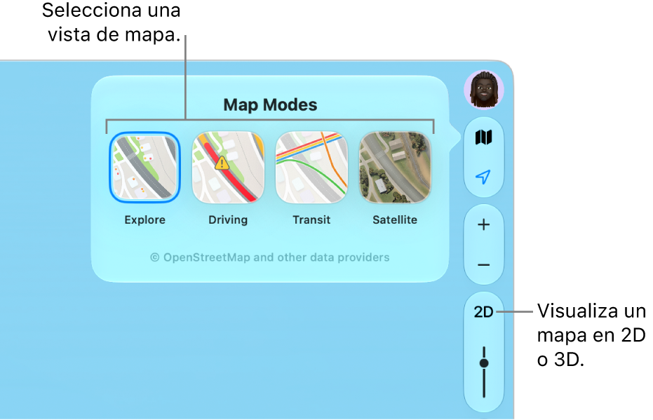 Se ha hecho clic en el botón Mapa y hay cuatro visualizaciones de mapa disponibles: Explorar, “En coche”, “Transporte público” y Satélite.