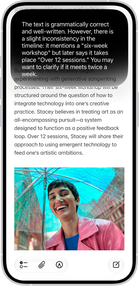 An iPhone showing Siri proofreading and giving feedback on text.