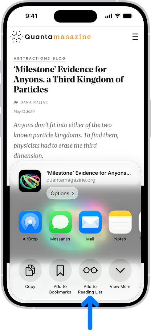 In Safari, the Share button on a webpage has been tapped, revealing a list of options, including Add to Reading List.