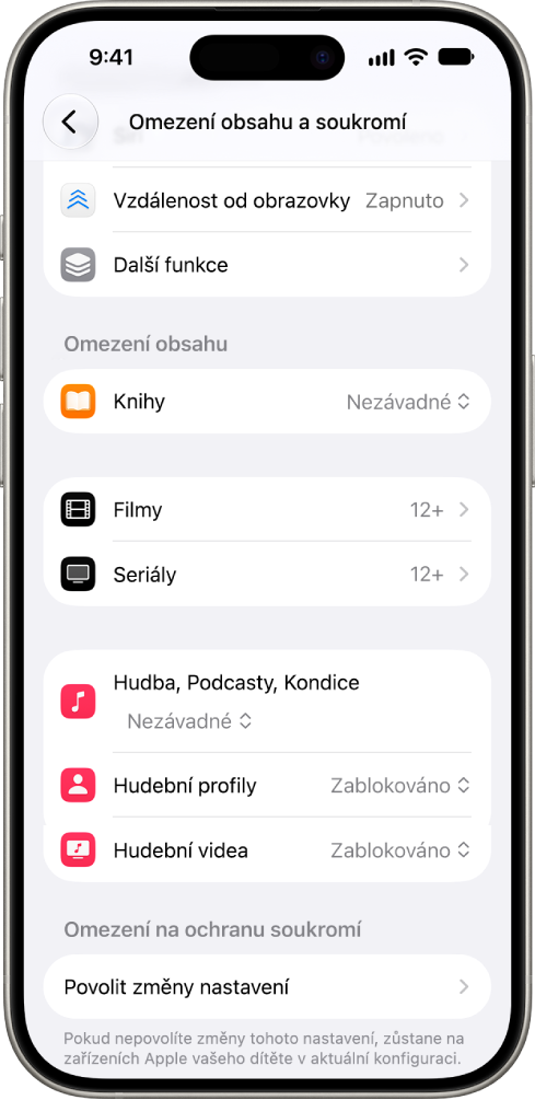 Obrazovka Omezení obsahu a&nbsp;soukromí v&nbsp;Času u&nbsp;obrazovky s&nbsp;volbami pro omezení obsahu v&nbsp;kategoriích, jako jsou Knihy, Filmy a&nbsp;další.