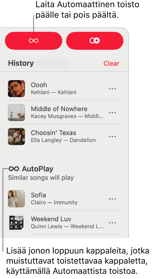 Historia näkyy Apple&nbsp;Musicin oikeassa yläkulmassa. Automaattinen toisto ‑osio näkyy myös.