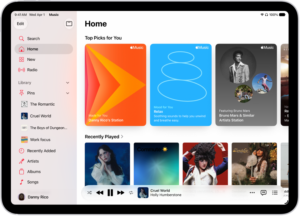 The Home tab in the Music app showing the sidebar on the left and the Home section at the right. The Home tab shows Top Picks at the top. Recently Played music appears below, showing four album covers. The MiniPlayer is at the bottom.